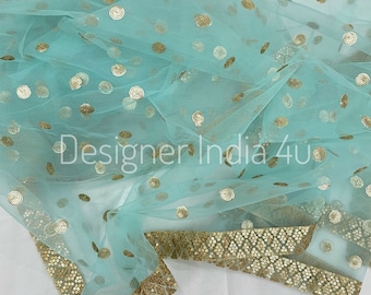 Dupatta Sea Green Gold Sequin Embroidered Net Chunni Stole for Women