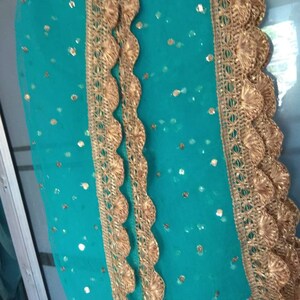 May include: Teal fabric with gold-colored decorative trim. The trim has a scalloped edge and intricate detailing. Small, gold-colored sequins are scattered across the fabric. The fabric is draped, suggesting it may be a scarf or shawl.