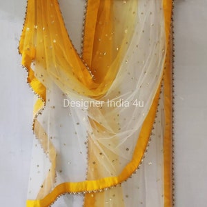 Dupatta Indian pakistani designer yellow white shaded chunni stole scarves  embroiderd net for lehenga suit salwar kameez for women and girl