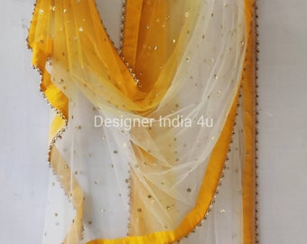 Yellow Embroidered Net Dupatta: Indian Pakistani Wedding Scarf