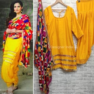 Geel zijden patialapak: custom Punjabi Salwar Kameez met Phulkari Dupatta