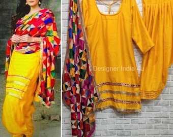 Yellow Silk Patiala Suit: Custom Punjabi Salwar Kameez with Phulkari Dupatta