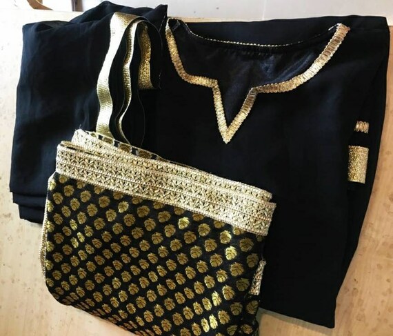Negro Georgette Salwar Kameez Traje Palazzo dorado bordado | Etsy México
