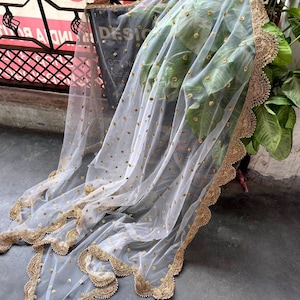 White sheer dupatta veil with gold sequins chunni for salwar kameez suit lehenga for women stole scarves