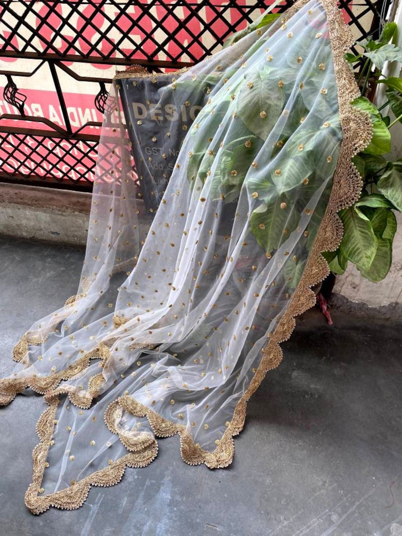 Designer Indian Traditional Dupatta Chunni Stole Scarves White Sequines embroiderd Net for Lehenga Suit Salwar Kameez for Women and Girls