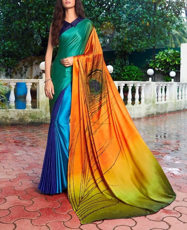 Designer Indian Peacock Motif Pallu Saree Green Color Custom Stitched Blouse Satin Silk New Sari Blouse Petticoat for women and girls