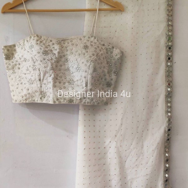 Camicetta bianca argento Saree readymade indiana etnica Mukesh lavoro georgette su misura per ordinare nuova sottoveste camicetta sari per donne ragazze