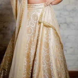 Banarasi silk Lehenga choli for women Golden Floral Designer partywear Ghagra choli Indian wedding reception lahnga choli  - Made to measure