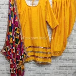Yellow Silk Patiala suit salwar Kameez Punjabi Suit Phulkari Dupatta Custom stitched made to order Indian wedding dress women dresses
