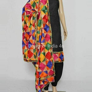 Punjabi Patiala Simple Plain Suit Phulkari Dupatta Indian Salwar Kameez Custom Stitched Black Color Silk Ethnic dress For Women and Girls