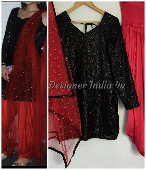 black suit with red dupatta