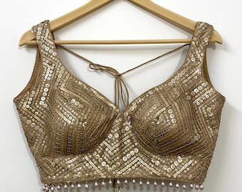 Blusa de lentejuelas doradas para mujer, diseño indio, hecha a medida, para lehenga sari.