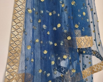 Peacock Blue Embroidered Net Dupatta: Silk Border Lace Stole