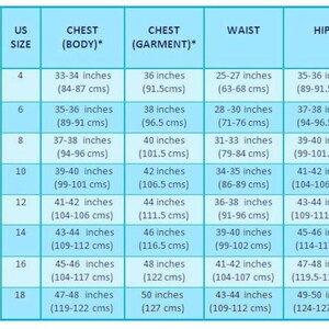 May include: A size chart for clothing with measurements in inches and centimeters. The chart shows the corresponding US size, our size, chest (body), chest (garment), waist, and hips.