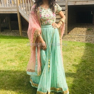 Mint green lehenga with floral embroidered blouse  and dupatta for women - Made to measure outfit