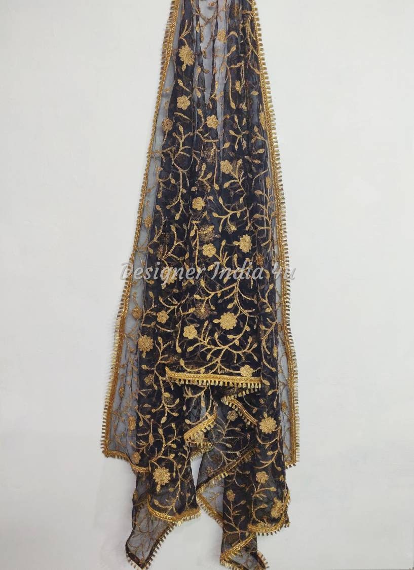 Black chiffon chunni shawl sarong dupatta banarsi Bollywood Indian SKU17848