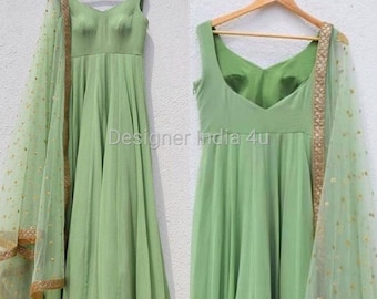 Green Georgette Anarkali Dress: Sleeveless Indian Salwar Kameez