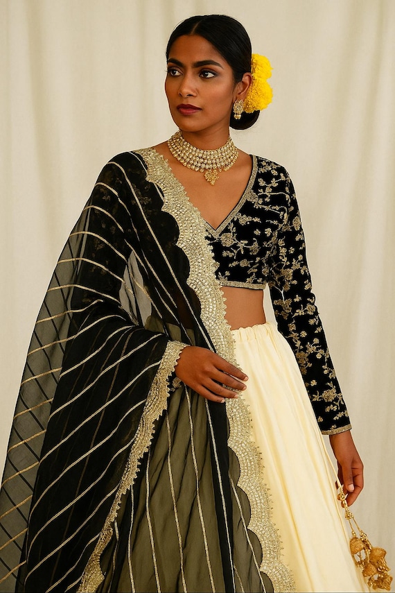 Lehenga Choli Georgette Lilla Con Dupatta A Rete – Abito Da Sposa Indiano – Semi Cucito