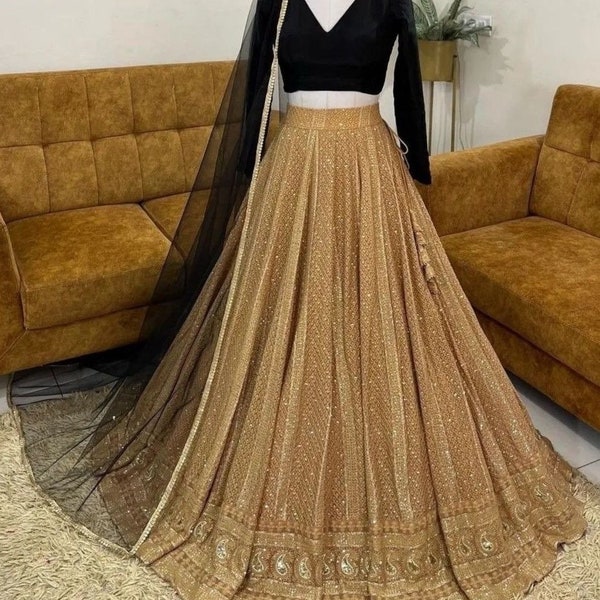 Gold Lehenga Blouse Chikankari outfit Indian Designer Partywear dress for women- Made to measure outfit