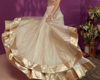 Tiered skirt designer lehenga for women white golden skirt - Made to measure