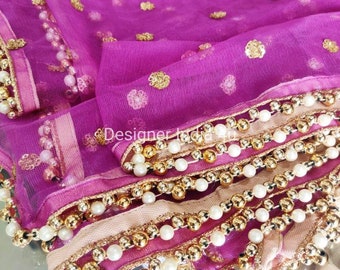 Purple dupatta for lehnga net fabric chunni handmade stole scarves golden sequences embroidered hijab
