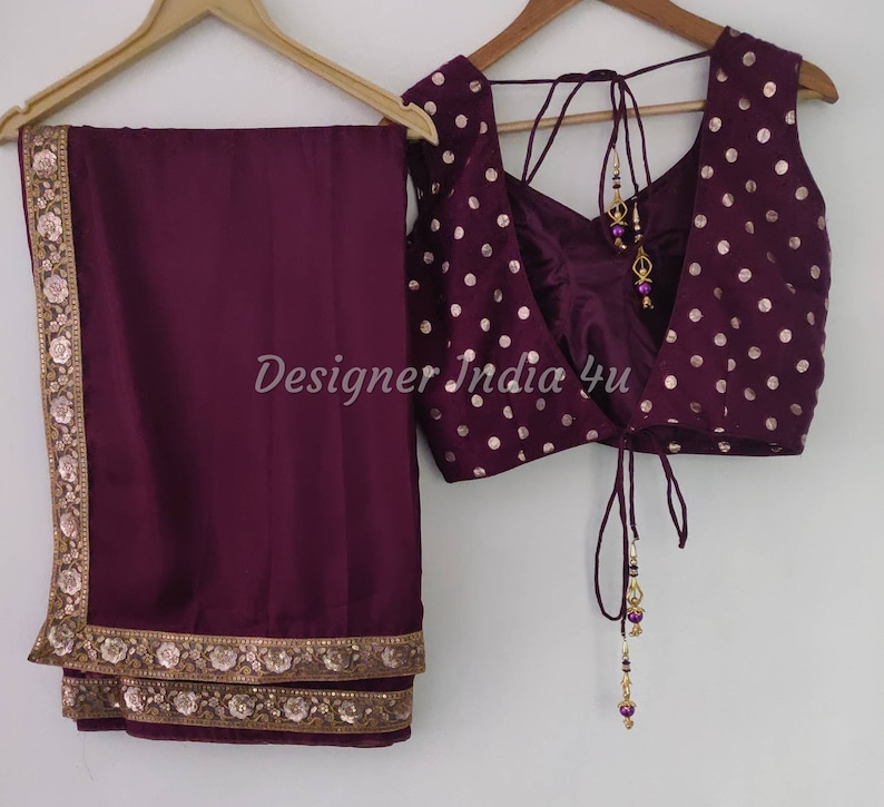 Wine Color Saree Blouse Indian ethnic designer uppada silk exclusive made to order new sari for women girls party wear bridesmaid dress image 5