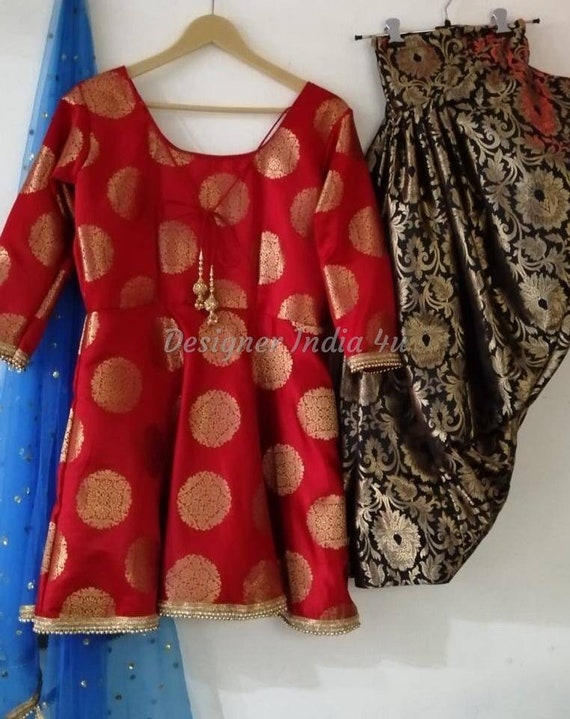 Salwar Kameez en soie Banarsi rouge dupatta brodé, robe de