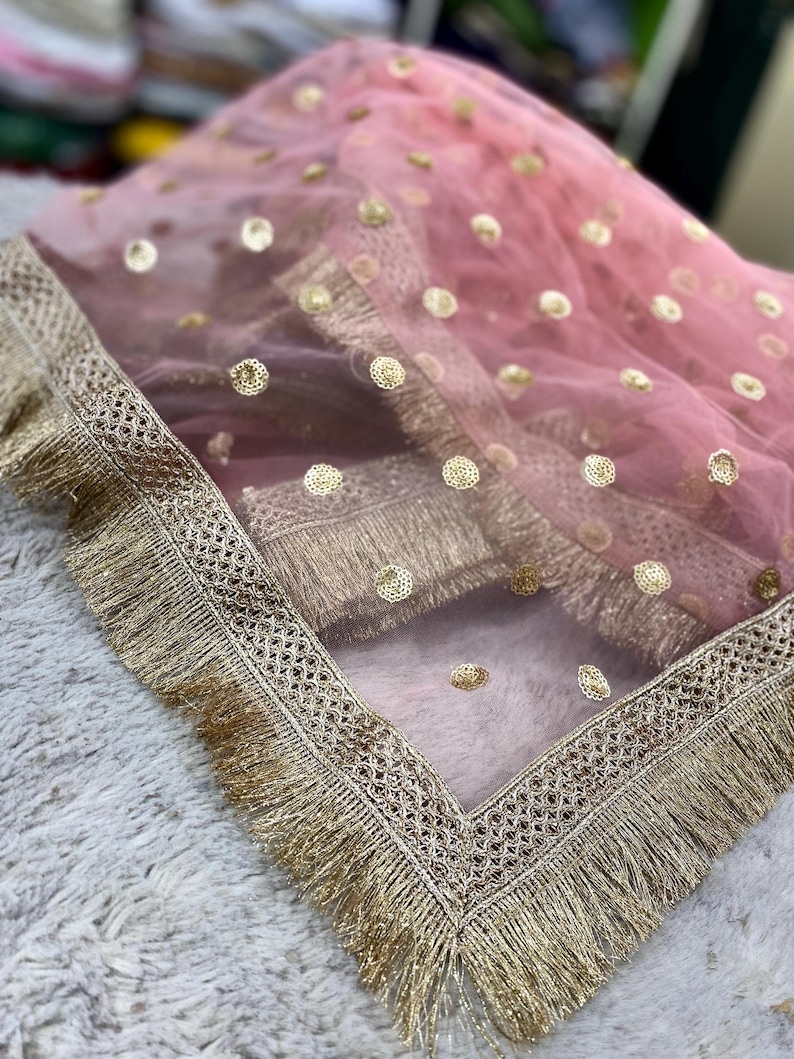 Pink Embroidered Net Dupatta With Sequined