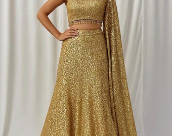 Gold Sequin Lehenga Choli Custom Made Wedding Dress