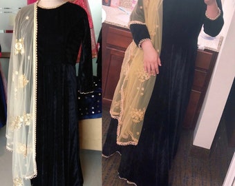 Black Velvet Anarkali with Gold heavy Net Dupatta Indian Designer Stitched Dress For Women Girls - Made to measure outfit