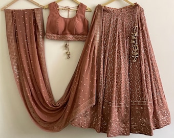 Dusty Rose Chikankari Lehenga Set: Hand Embroidered Indian Wedding Outfit