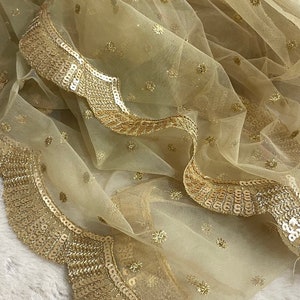 Golden Sequin Net Dupatta with Scalloped Border | Indian Partywear Dupatta | Bridal Net Dupatta | Lightweight Embellished Dupatta