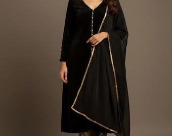 Black Velvet Salwar Kameez Suit Brocade Trousers Custom Made Outfit