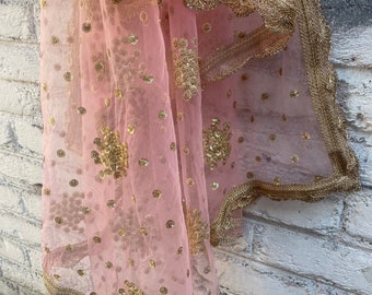 Soft pink net dupatta for lehenga with border Indian traditional chunni