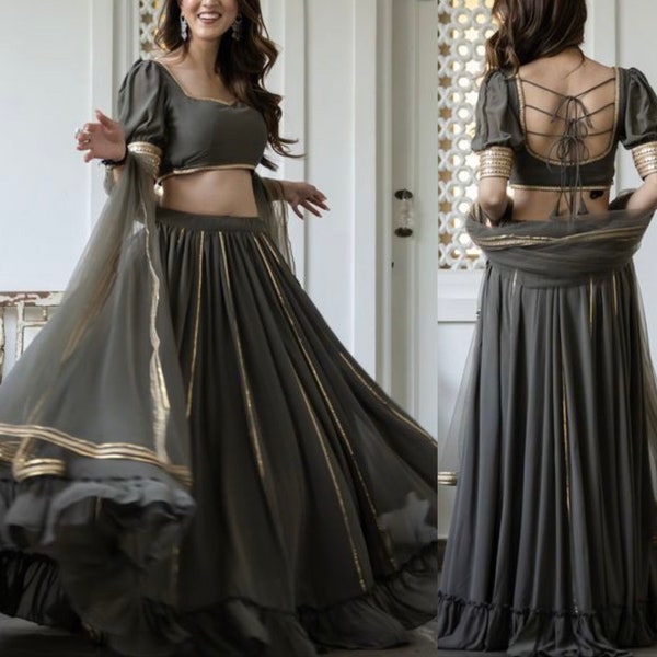 Grijze lehenga blouse voor dames Op maat gestikte Gota Patti Lengha choli voor meisjes - Op maat gemaakte outfit