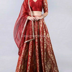 Red Banarsi Silk Lehenga Choli: Indian Wedding Party Lengha