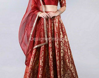 Red Banarsi Silk Lehenga Choli: Indian Wedding Party Lengha
