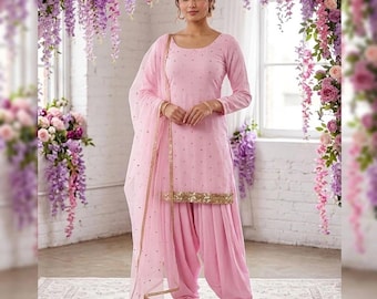 Rosa Punjabi-kostym för kvinnor i crepe, salwar kameez för stora indiska kläder i plusstorlek