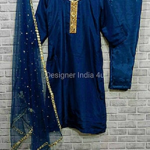 Pakistani salwar kameez suit Blue silk fabric for women party wear outfit free shipping USA - Made to measure outfit
