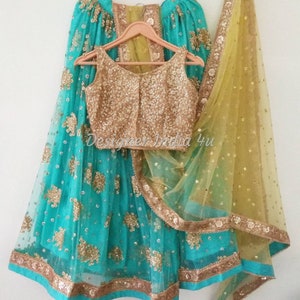 Indian women lehenga ready to wear embroidered blouse gold sequins with turquoise lehenga set- Made to measure outfit