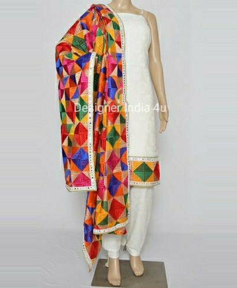 Punjabi Patiala Simple Plain Suit Phulkari Dupatta Indian Salwar Kameez Custom Stitched White Color Silk Ethnic dress For Women and Girls