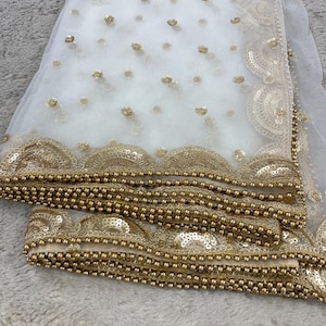 Off white dupatta embroidered gold sequins chunni for salwar kameez suit lehenga for women stole scarves
