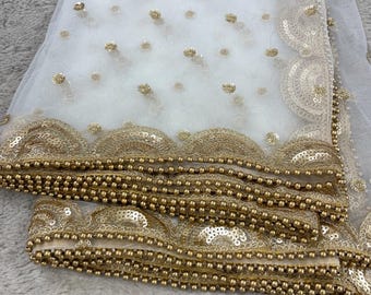 Embroidered Net Dupatta Off White Gold Scarf Indian Wedding Bridal Veil Sequins Border Chunni Wrap