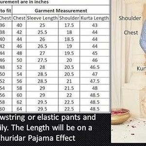 May include: Size chart for a light blue kurta with measurements in inches for chest, sleeve length, shoulder, and kurta length. The chart includes US sizes from XS to 6XL and corresponding body chest measurements.