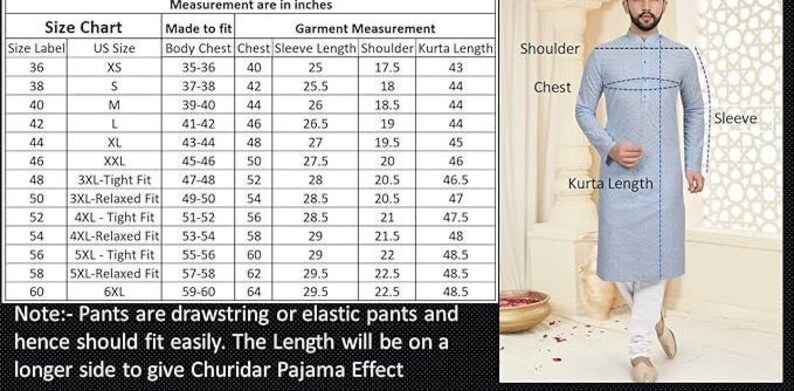 May include: Size chart for a light blue kurta with measurements in inches for chest, sleeve length, shoulder, and kurta length. The chart includes US sizes from XS to 6XL and corresponding body chest measurements.