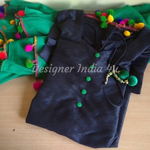 Punjabi Patiala Black Silk salwar suit kurta Pom Pom Lace Net Dupatta Custom Stitched for Girls and Women - Made to measure outfit