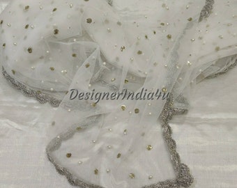 Indian dupatta white wedding veil sequin pearl work traditional scarf chunni for lehenga