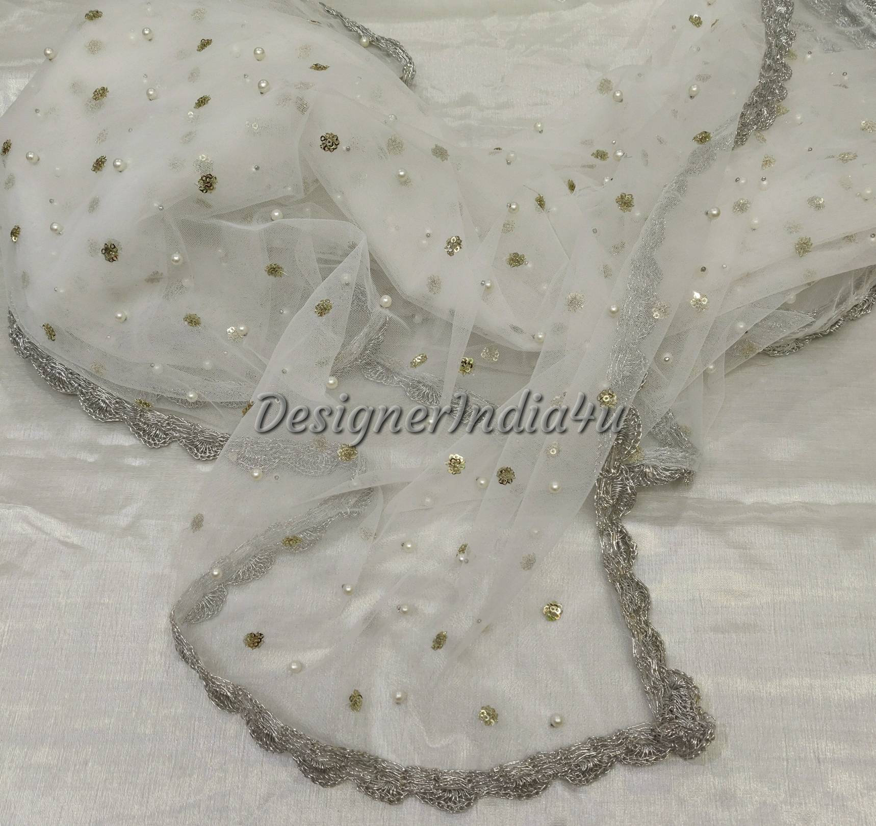 Indian dupatta white wedding veil sequin pearl work traditional scarf chunni for lehenga
