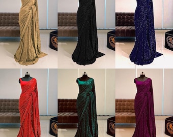 Sequen Sarees with Blouse for Women Indian Designer Party Wear outfit