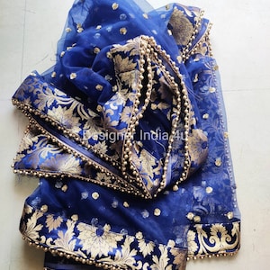 Bridal blue dupatta for women chunni with pure banarsi border lace stole scarves embroidery net for lehenga for girls